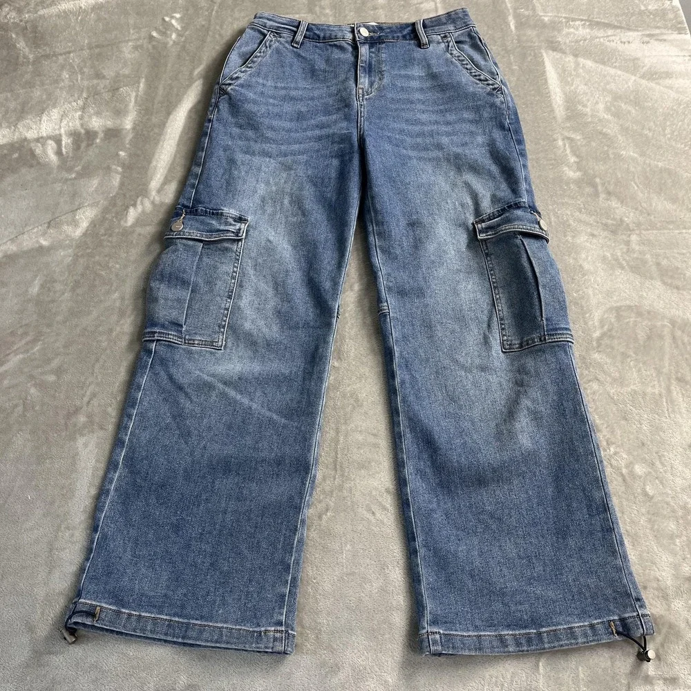 Mica Denim Jeans Womens 27 Blue Medium Wash High‎ Rise Wide Leg Cargo 27x28.5